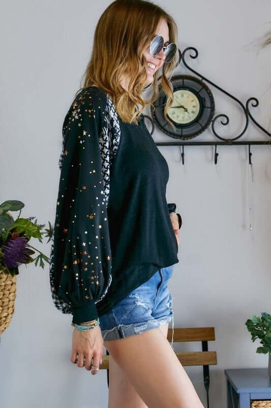 Puff Sleeve Embellished Long Sleeve Top with Star Detail