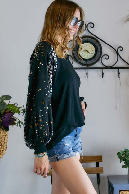 Puff Sleeve Embellished Long Sleeve Top with Star Detail
