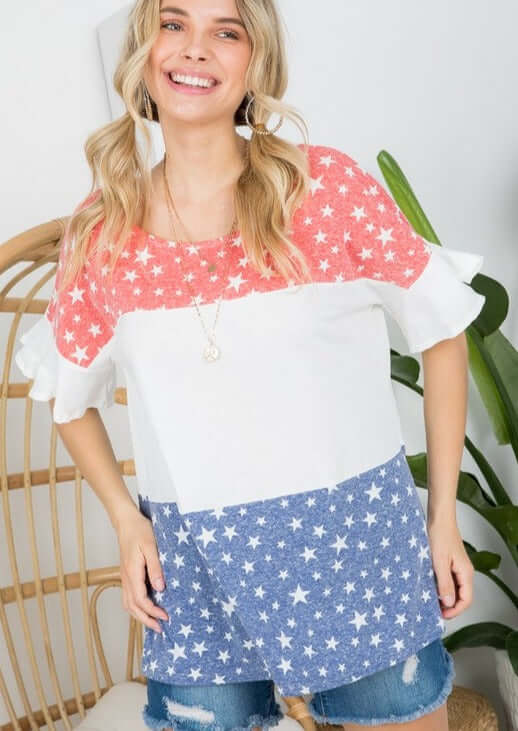Color Block Ruffled Sleeve Patriotic Top Made in USA