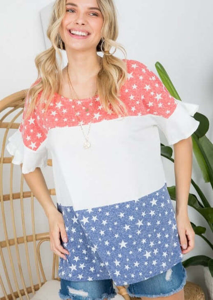 Color Block Ruffled Sleeve Patriotic Top Made in USA