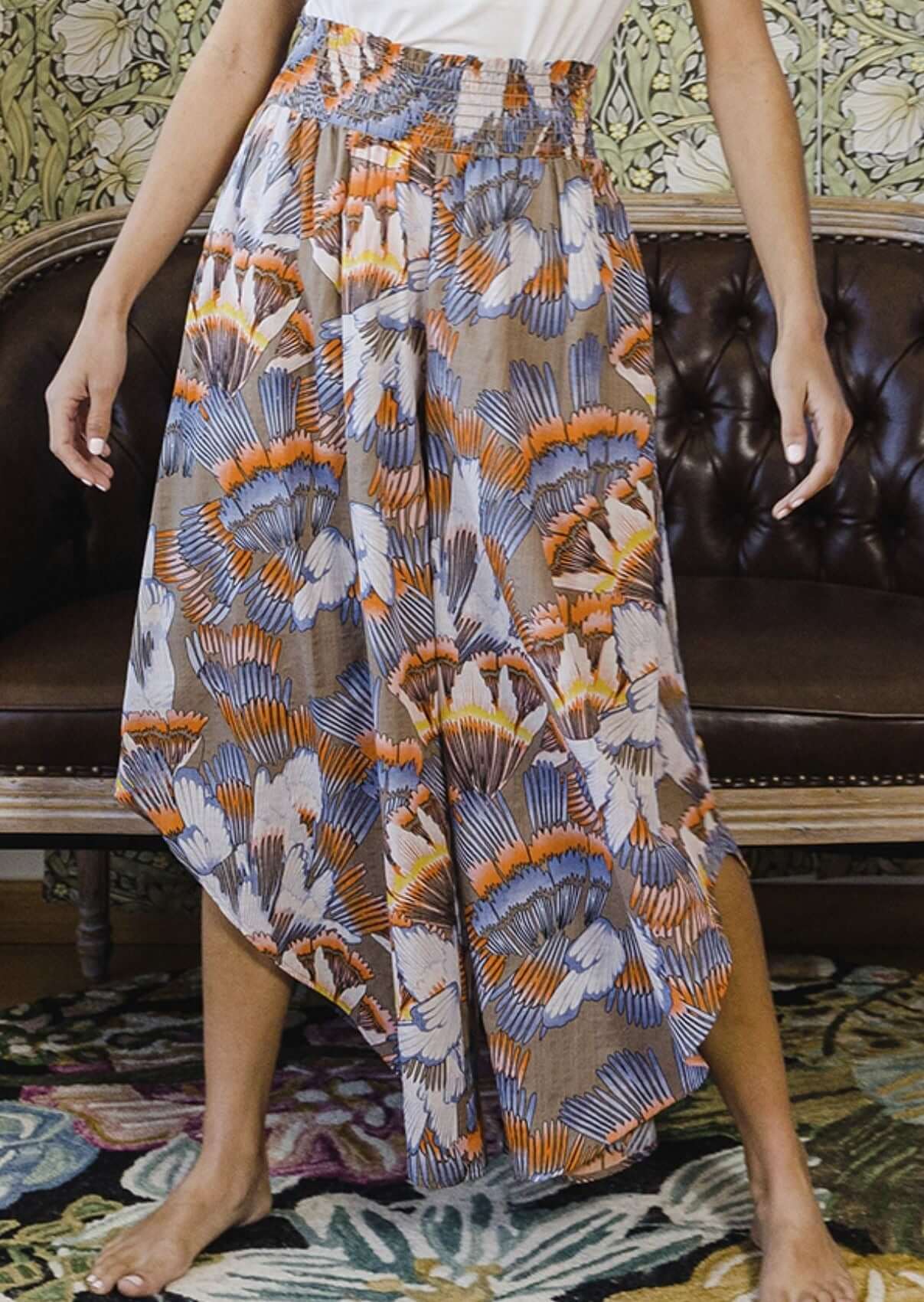 Fun Tropical Print Smocked Waist Pants