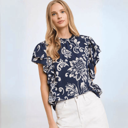 Navy Flutter Sleeve Top Made in USA