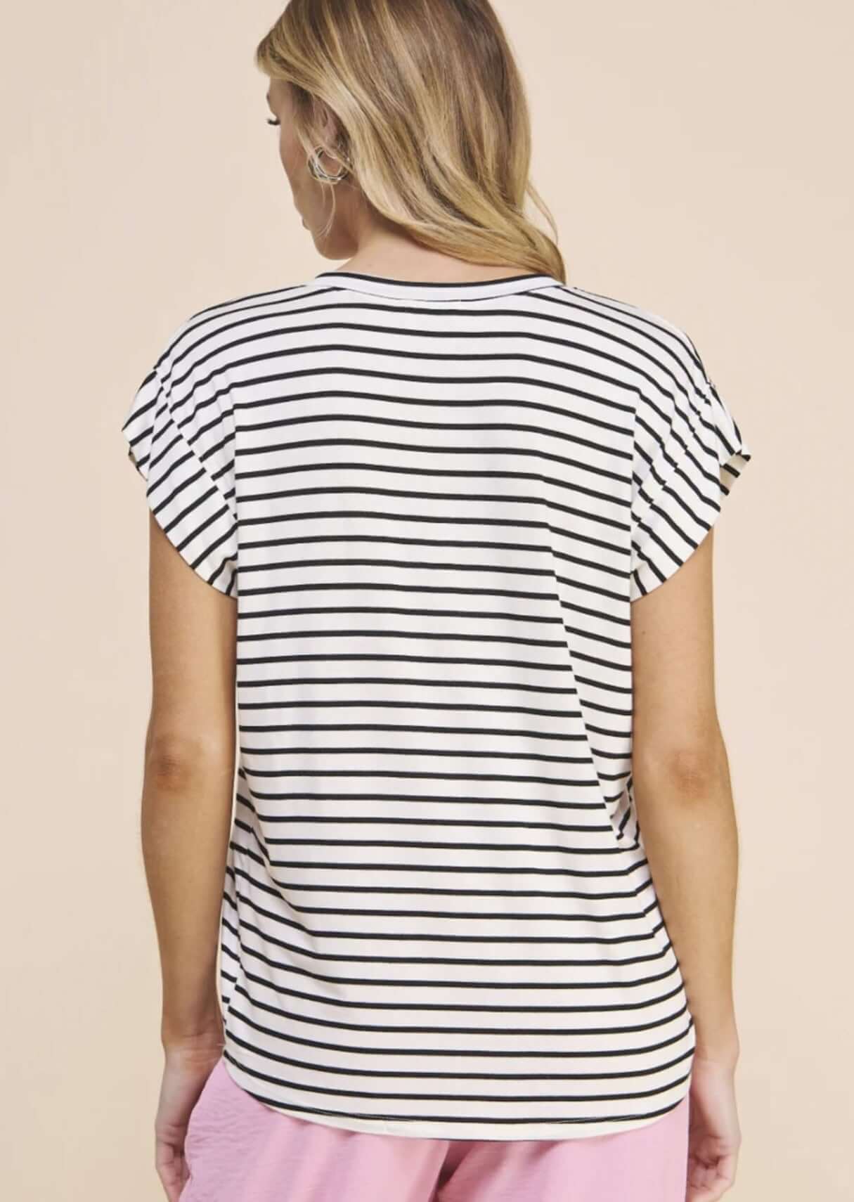 Casual Striped V-Neck Relaxed Fit Top Made in USA