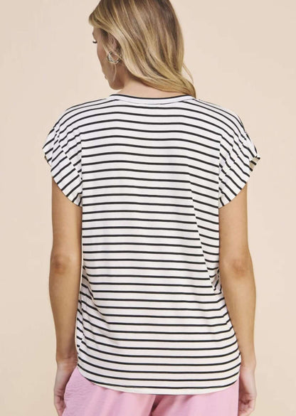 Casual Striped V-Neck Relaxed Fit Top Made in USA