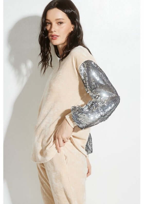 Champagne Glam Velvet Track Suit with Sequins Sleeves