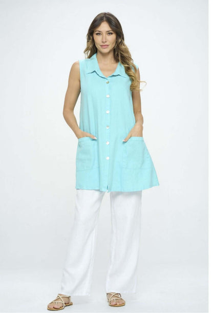 Linen Collection Aqua Blue Sleeveless Button Down Tunic Made in USA