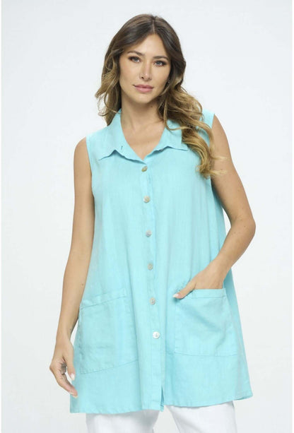 Linen Collection Aqua Blue Sleeveless Button Down Tunic Made in USA
