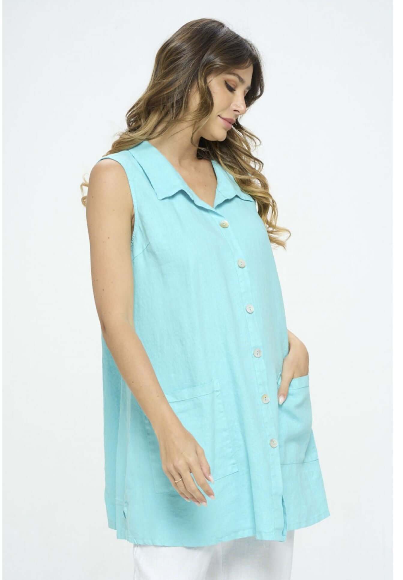 Linen Collection Aqua Blue Sleeveless Button Down Tunic Made in USA