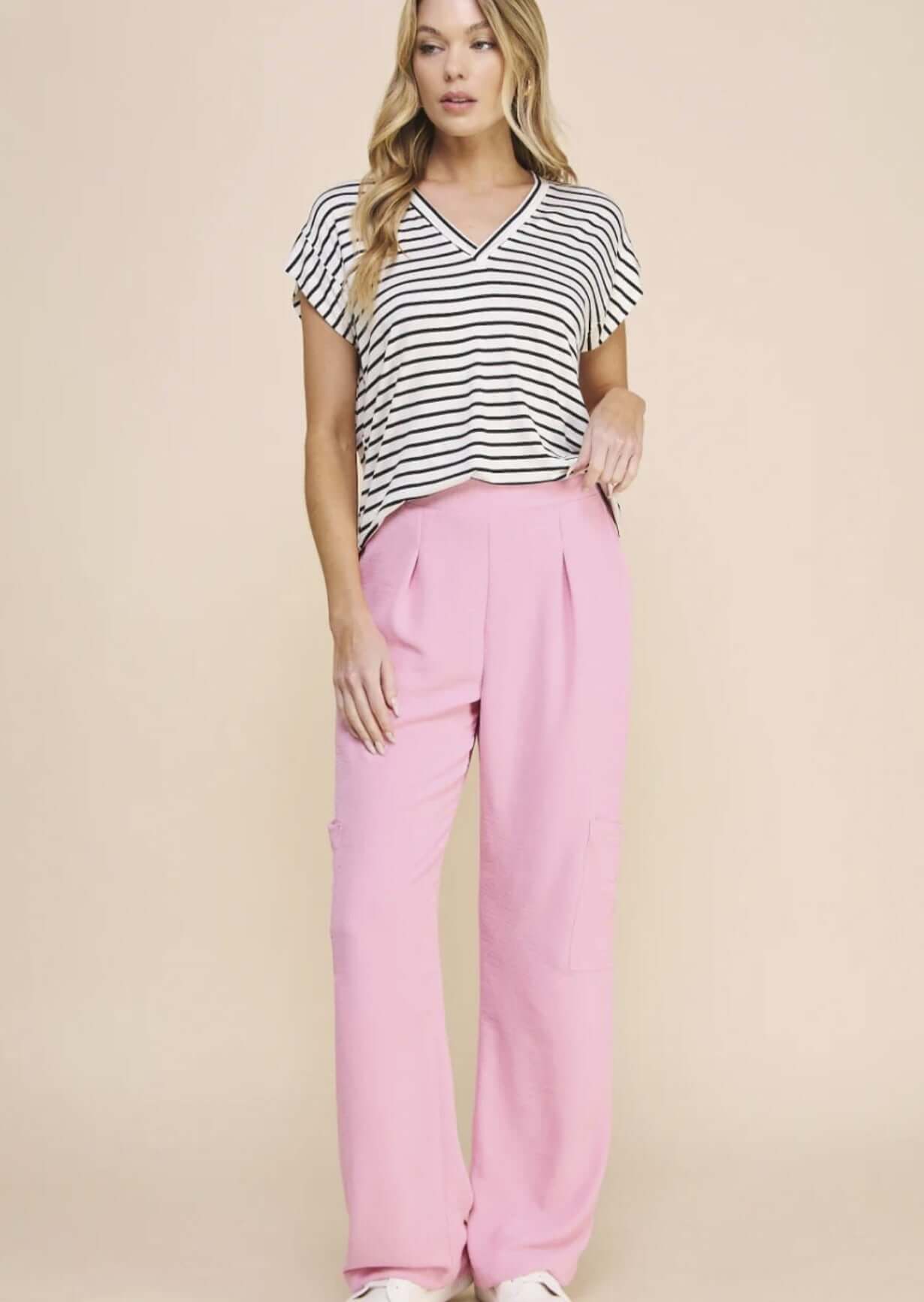 Casual Striped V-Neck Relaxed Fit Top Made in USA