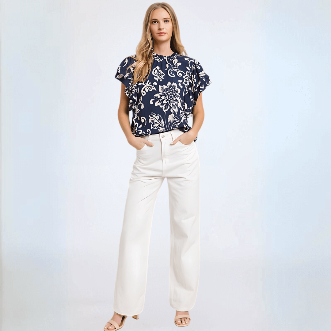 Navy Flutter Sleeve Top Made in USA