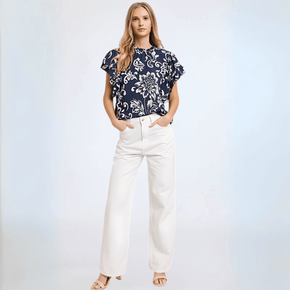 Navy Flutter Sleeve Top Made in USA