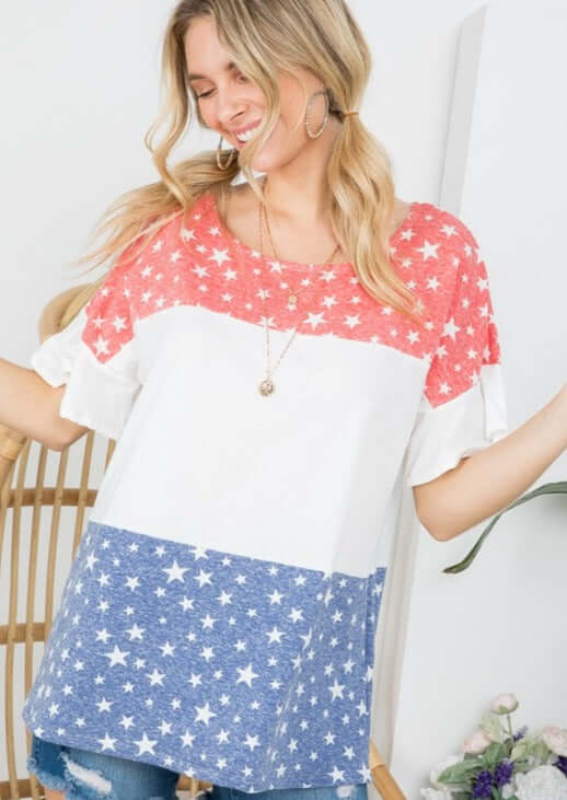 Color Block Ruffled Sleeve Patriotic Top Made in USA