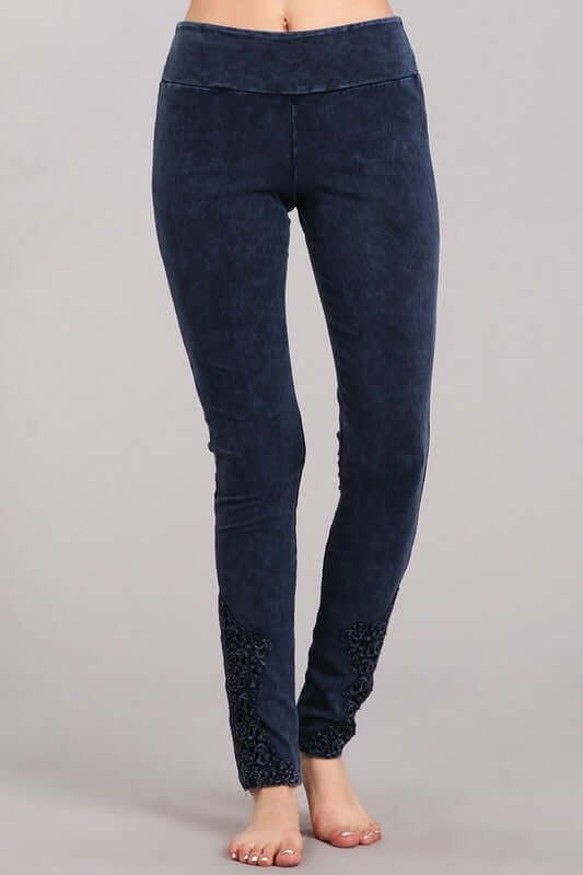 Mineral Washed Jeggings Crochet Ankle Detail Made in USA