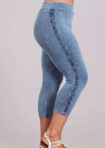 Crochet Striped Mineral Washed Capri Leggings Made in USA - Plus Size
