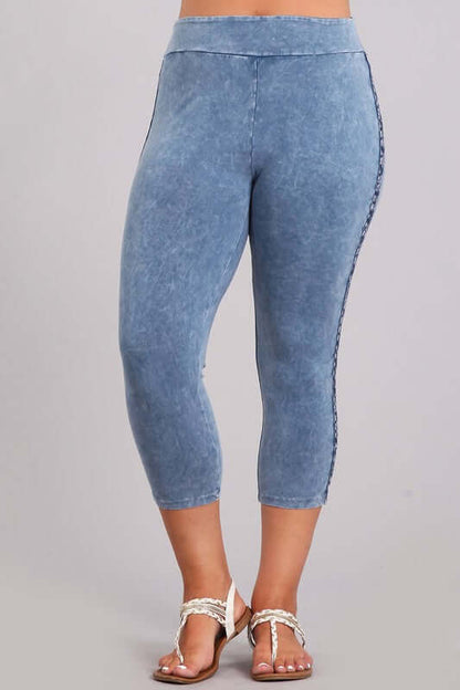 Crochet Striped Mineral Washed Capri Leggings Made in USA - Plus Size