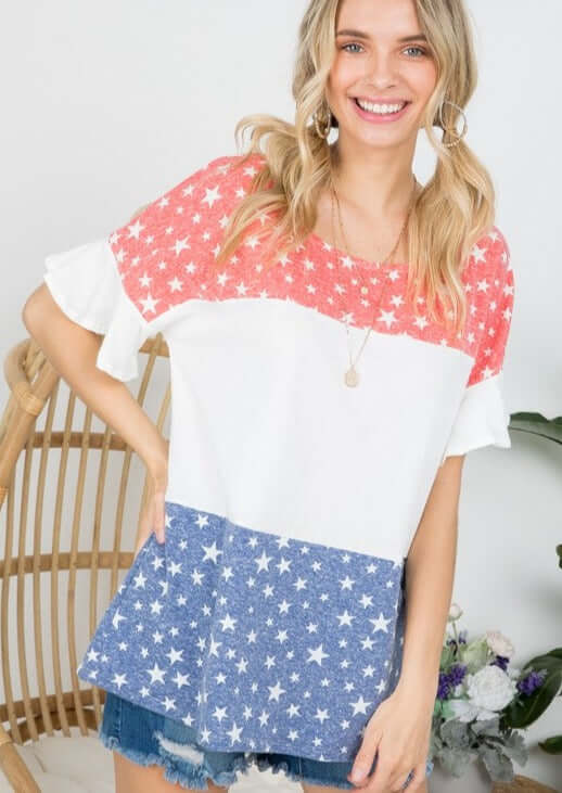 Color Block Ruffled Sleeve Patriotic Top Made in USA