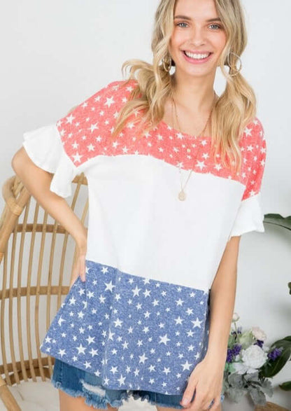 Color Block Ruffled Sleeve Patriotic Top Made in USA