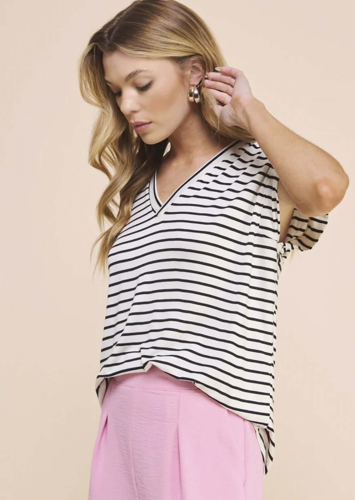 Casual Striped V-Neck Relaxed Fit Top Made in USA