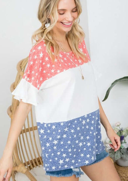 Color Block Ruffled Sleeve Patriotic Top Made in USA