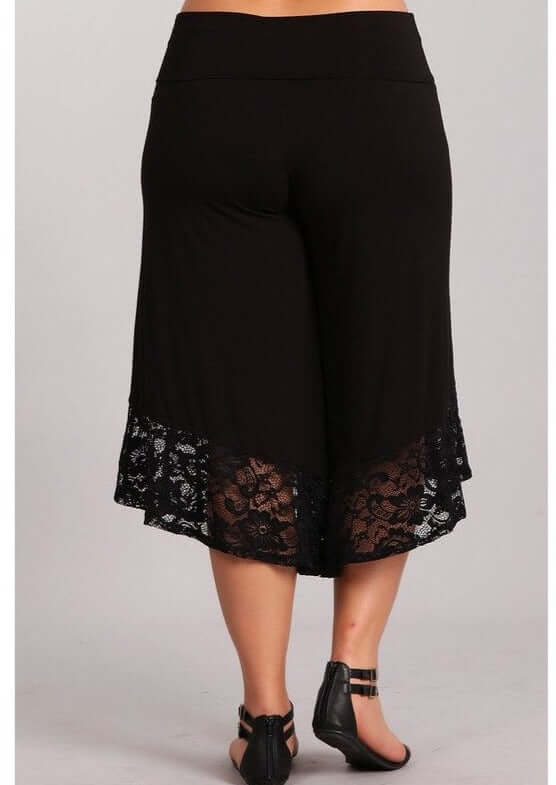 Black Lace Hem Gaucho Style Pants Made in USA - Plus Size