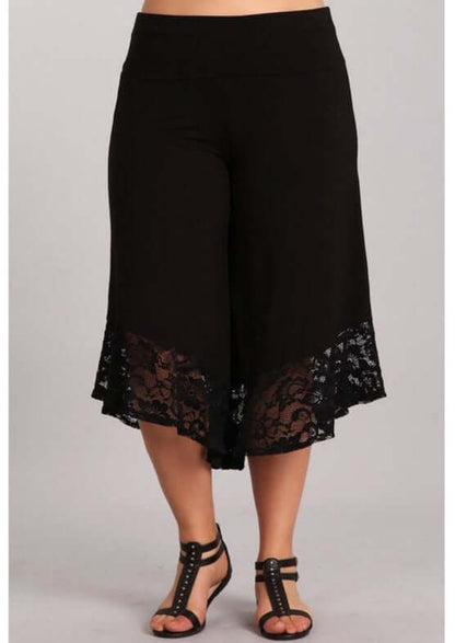 Black Lace Hem Gaucho Style Pants Made in USA - Plus Size