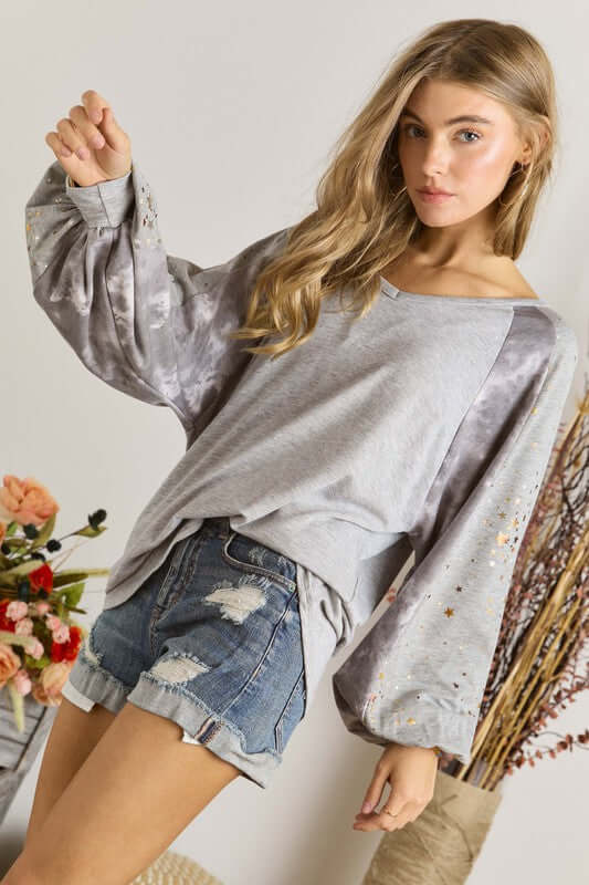Puff Sleeve Embellished Long Sleeve Top with Star Detail