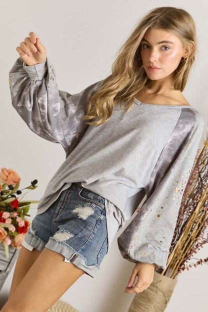 Puff Sleeve Embellished Long Sleeve Top with Star Detail