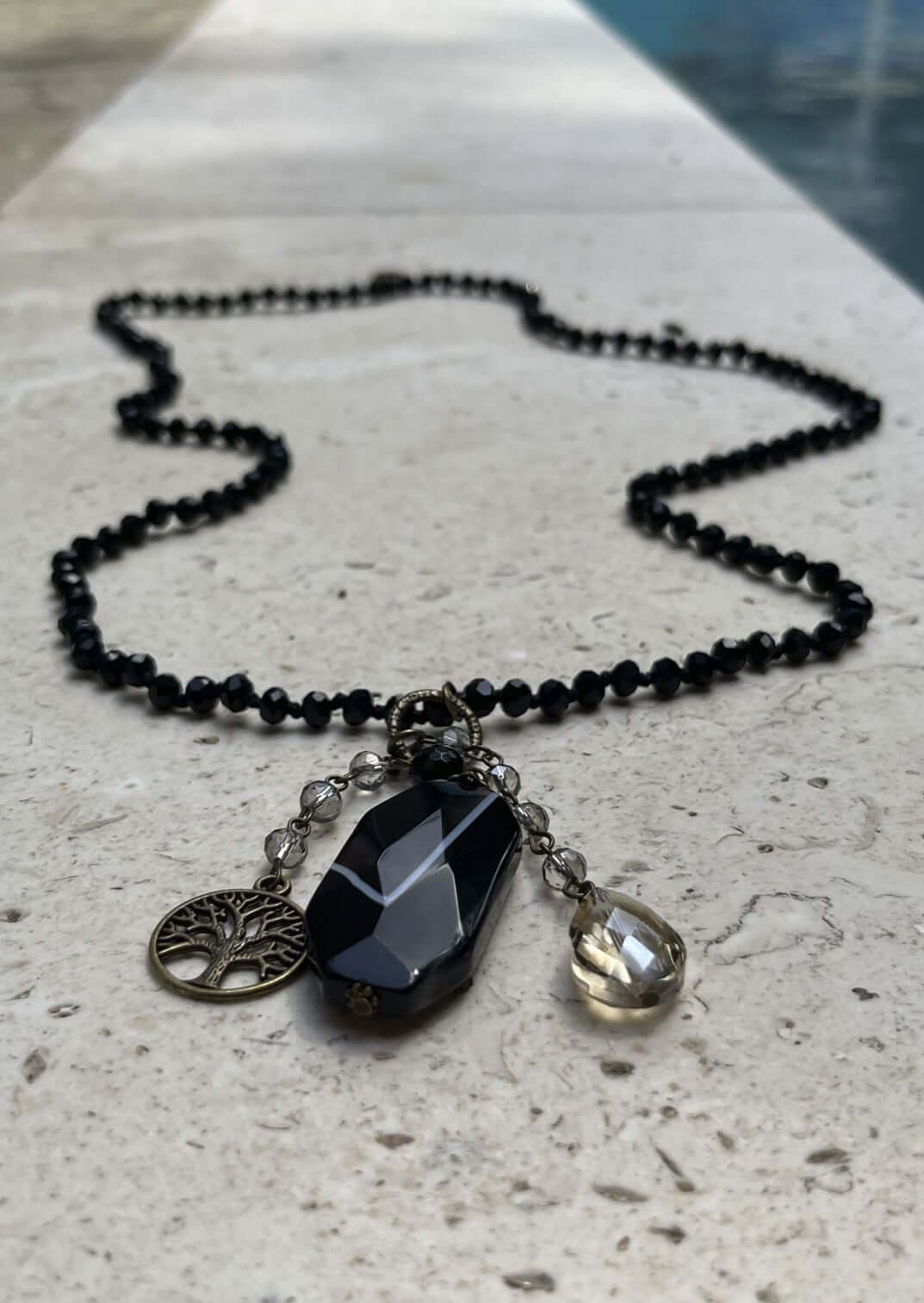 Sophisticated Black Onyx Natural Gemstone Beaded Charm Necklace