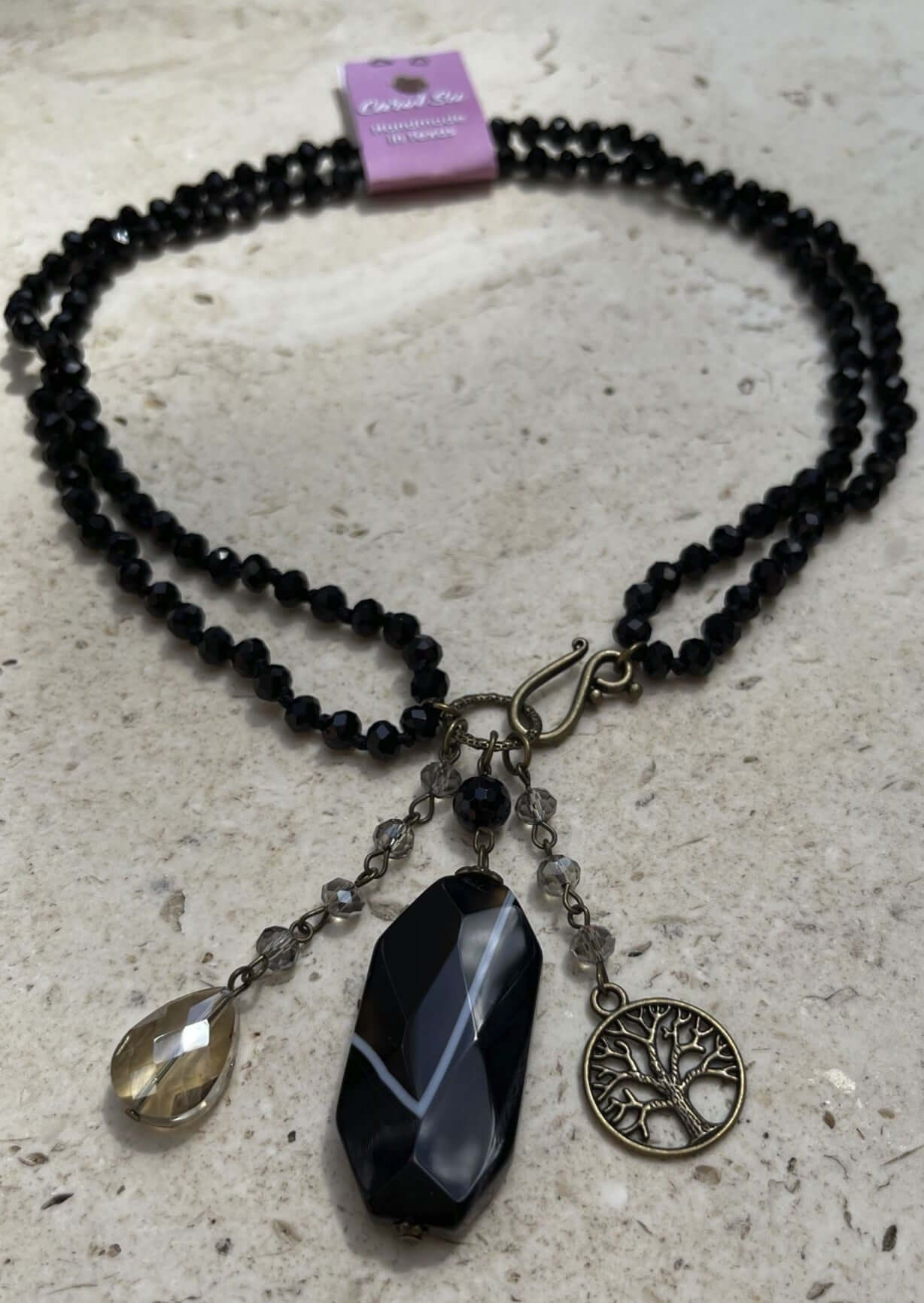 Sophisticated Black Onyx Natural Gemstone Beaded Charm Necklace