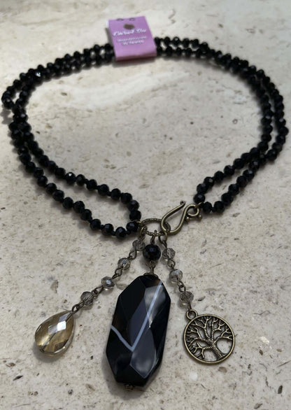 Sophisticated Black Onyx Natural Gemstone Beaded Charm Necklace