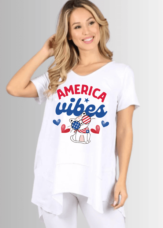 Cool Cat America Vibes Graphic Shark Bite Hem Tee