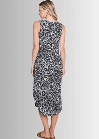 Grey Leopard Print Sleeveless Midi Dress
