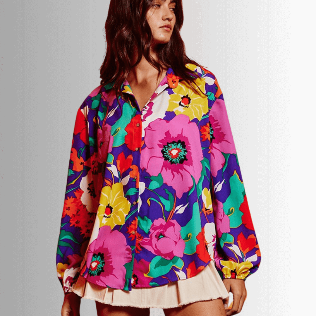 Colorful Floral Button Down Blouse Made in USA