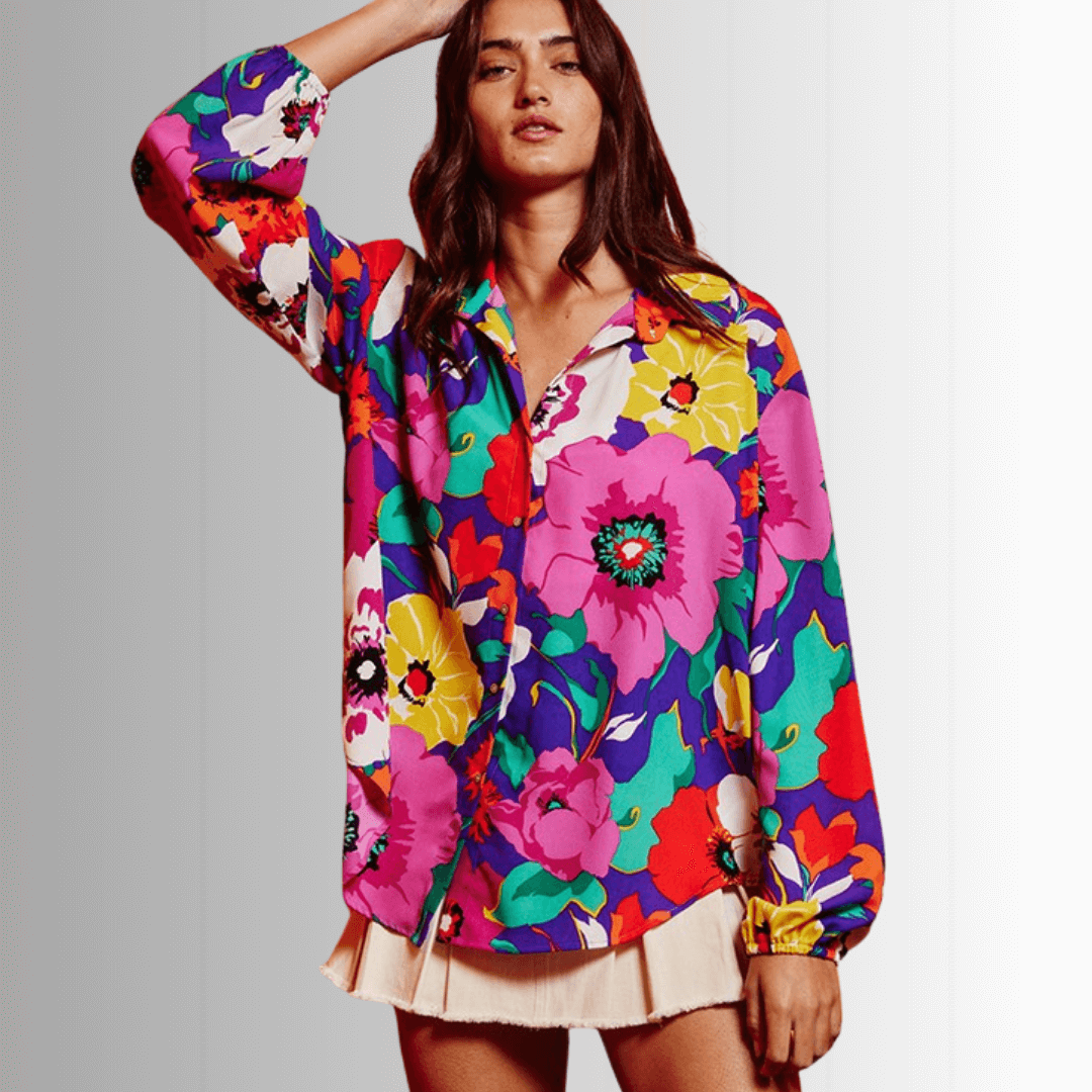 Colorful Floral Button Down Blouse Made in USA