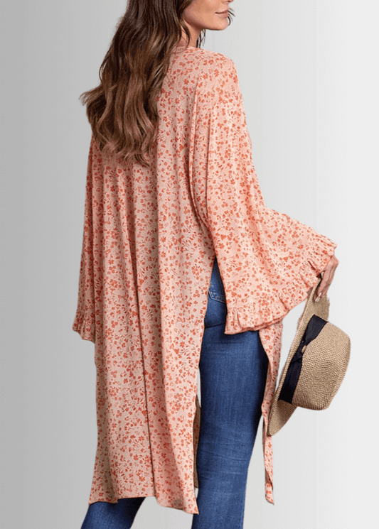 Coral Floral Bell Sleeve Kimono
