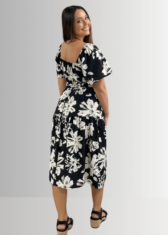 Marla Floral Black and White Midi Dress