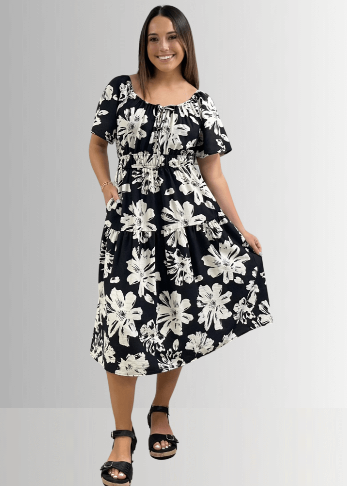 Marla Floral Black and White Midi Dress