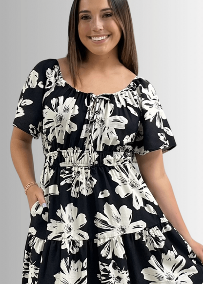 Marla Floral Black and White Midi Dress