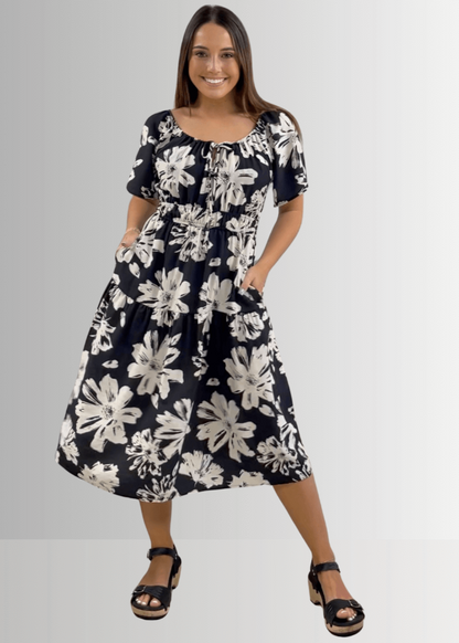 Marla Floral Black and White Midi Dress