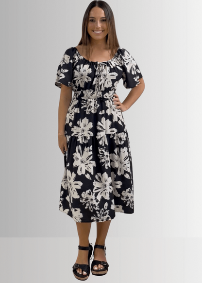Marla Floral Black and White Midi Dress