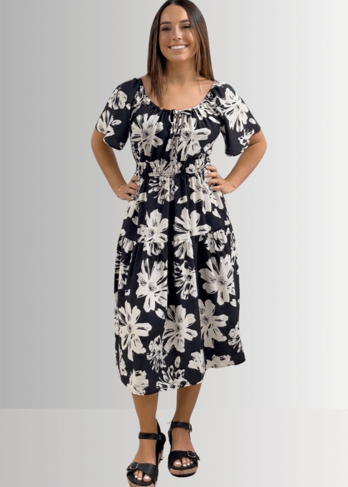 Marla Floral Black and White Midi Dress