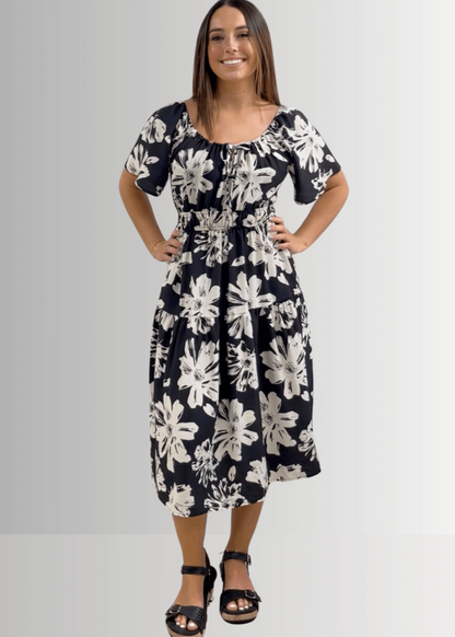 Marla Floral Black and White Midi Dress