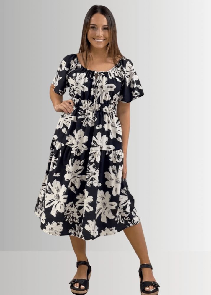 Marla Floral Black and White Midi Dress