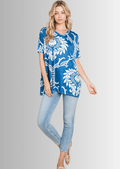 Loose Fit Boho Paisley V-Neck Jersey Tunic Tee
