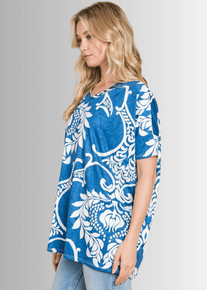 Loose Fit Boho Paisley V-Neck Jersey Tunic Tee