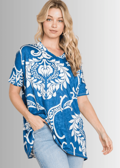 Loose Fit Boho Paisley V-Neck Jersey Tunic Tee
