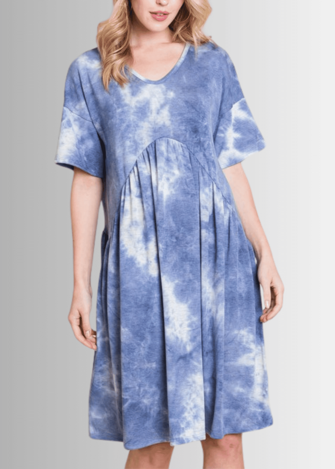 Denim Blue Tie Dye Shirred Waist Dress