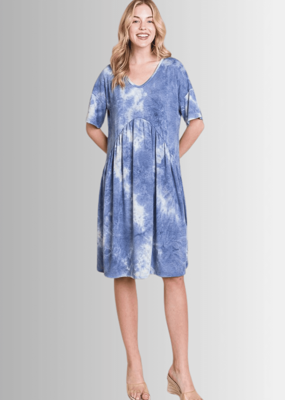 Denim Blue Tie Dye Shirred Waist Dress