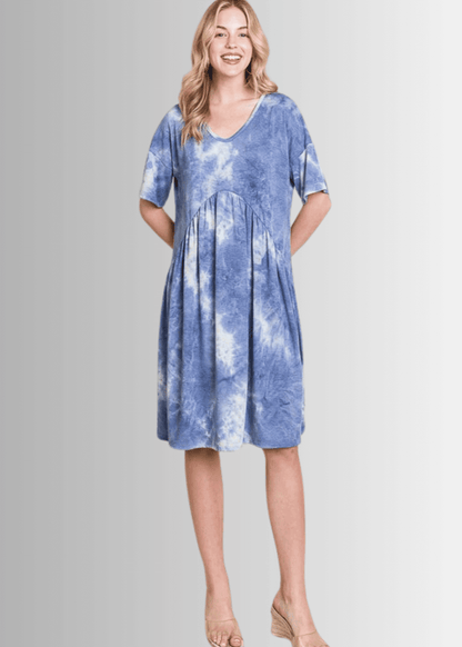 Denim Blue Tie Dye Shirred Waist Dress