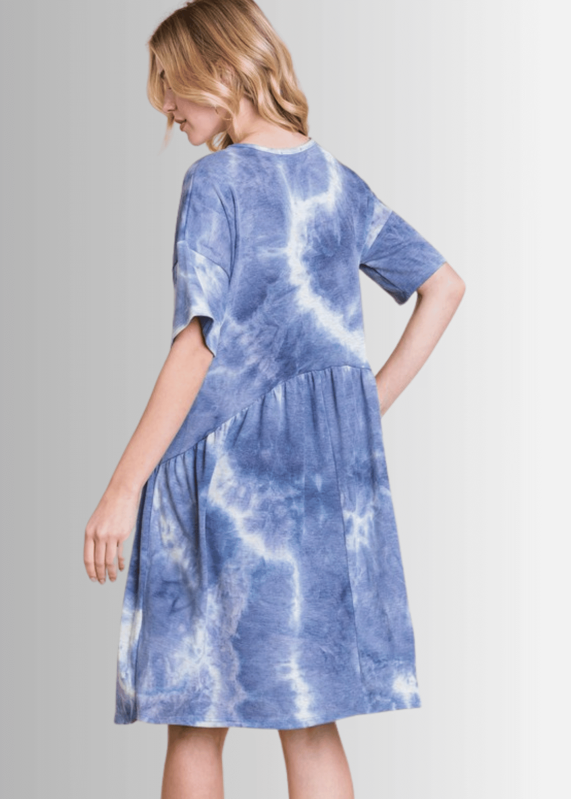 Denim Blue Tie Dye Shirred Waist Dress